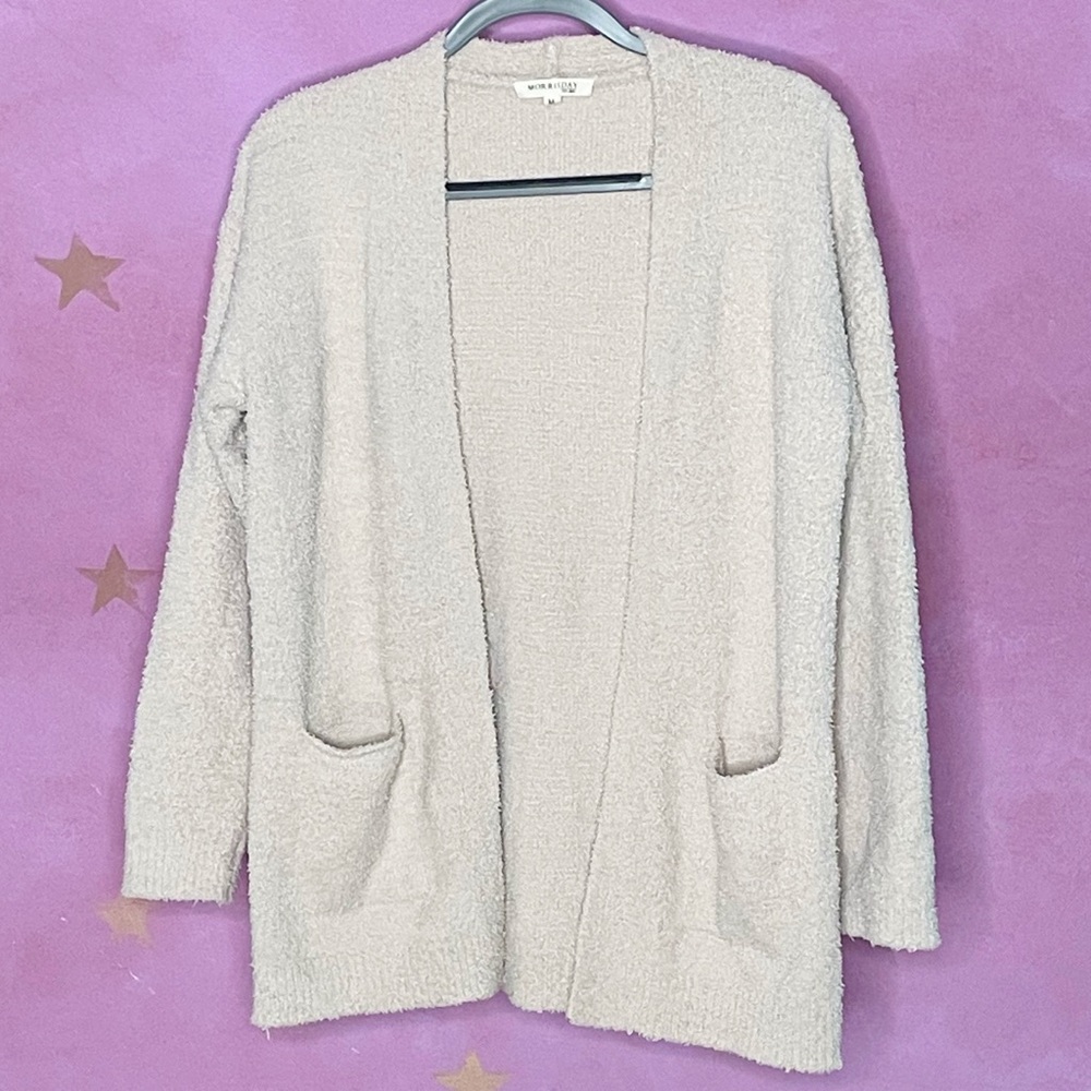 Morrisday The Label Cardigan Medium Beige Soft Cozy Fuzzy Textured Open Front